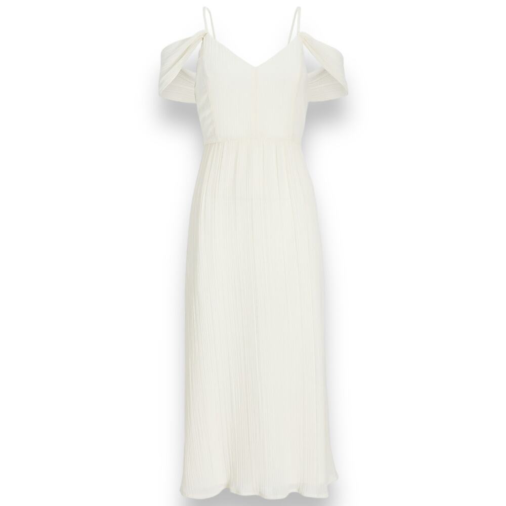 Express Ivory Pleated Chiffon Midi Dress Strappy Peasant Cottagecore Coquette - Picture 2 of 10